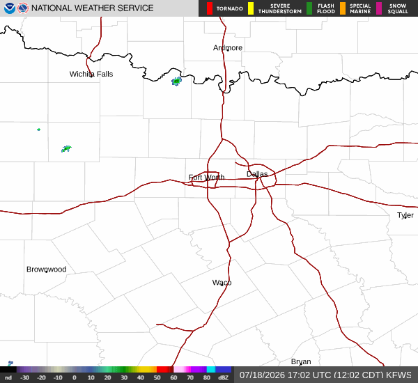 Latest National Weather Service radar for North Texas (KFWS radar). Source: radar.weather.gov.