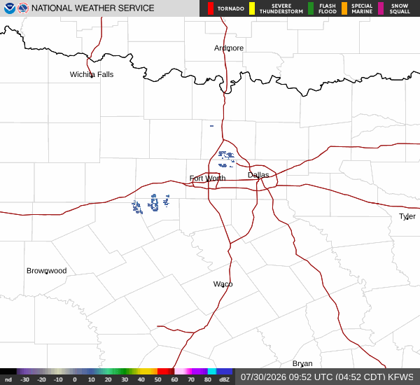 Latest National Weather Service radar for North Texas (KFWS radar). Source: radar.weather.gov.