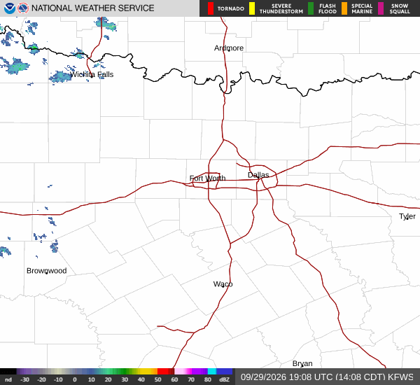 Latest National Weather Service radar for North Texas (KFWS radar). Source: radar.weather.gov.