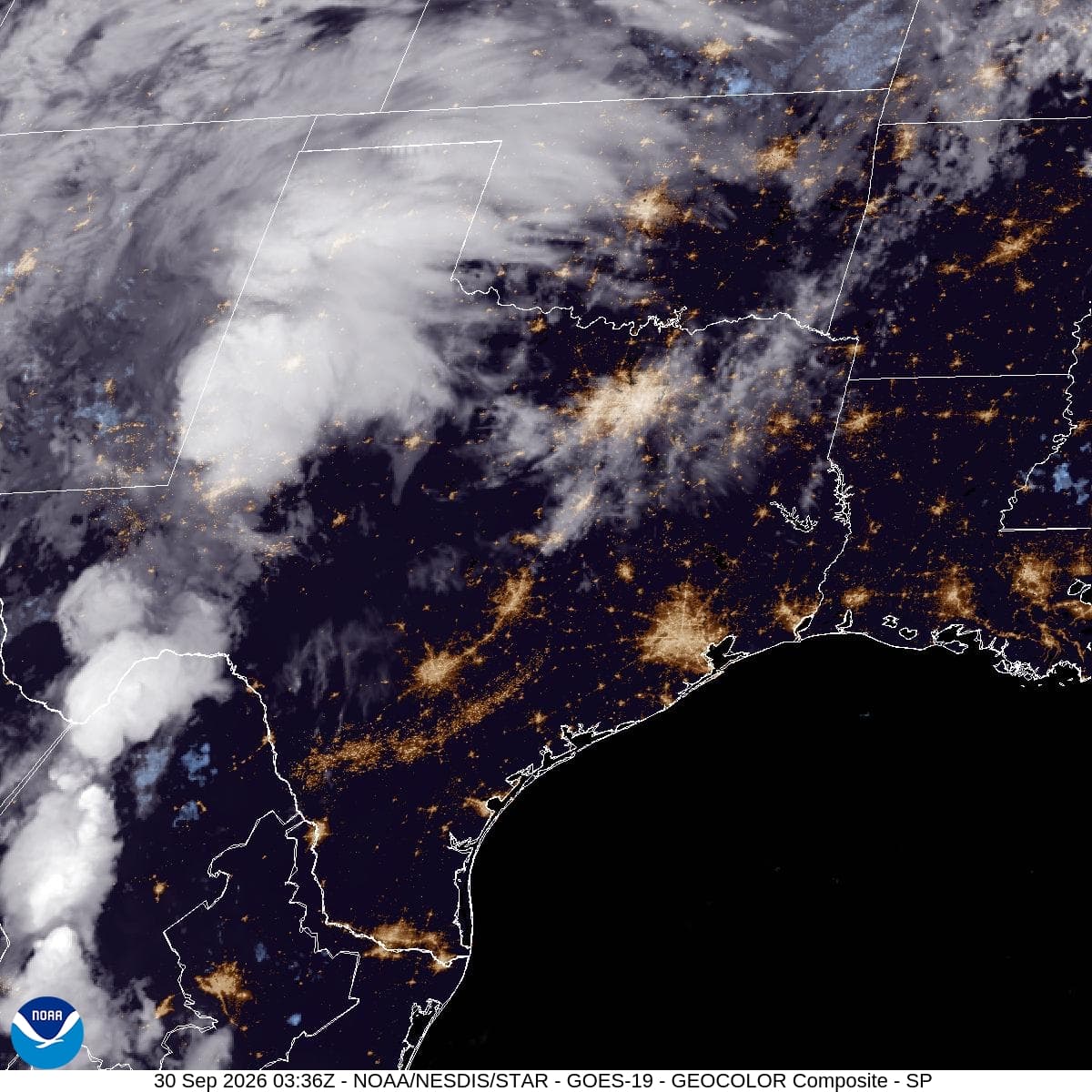 NOAA GOES-19 satellite imagery of Texas and the Southern Plains at 10:36 p.m. CDT Tuesday, Sept. 29, 2026 (03:36 UTC Sept. 30). Credit: NOAA/NESDIS Center for Satellite Applications and Research (STAR). Satellite cloud imagery, not a depiction of observed flooding.