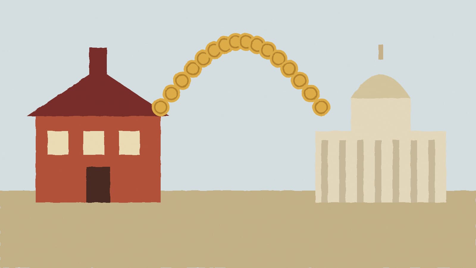 Coins flowing toward capitol dome - illustration, Jake Team LLC