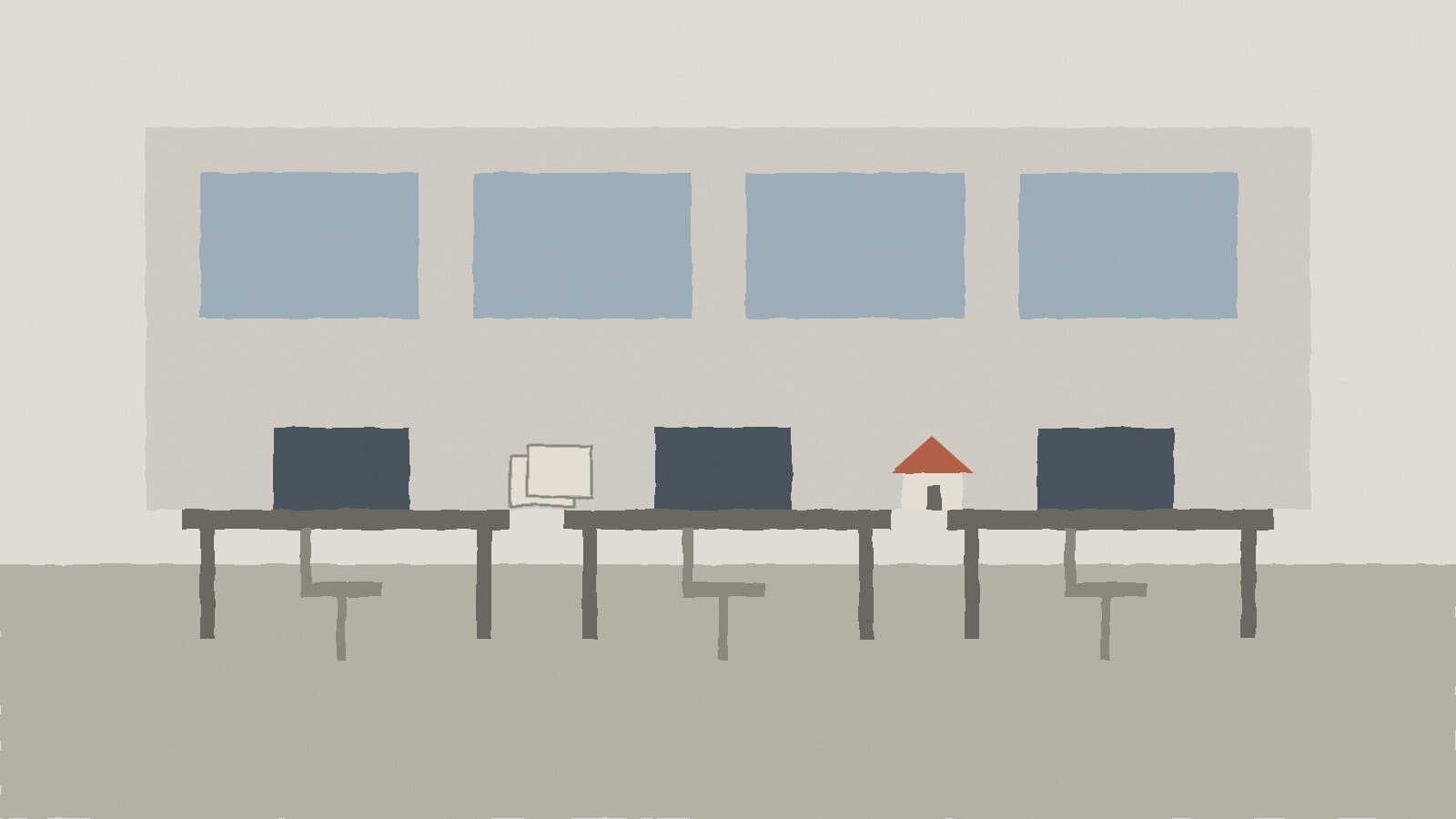 Empty office desks and house - illustration, Jake Team LLC