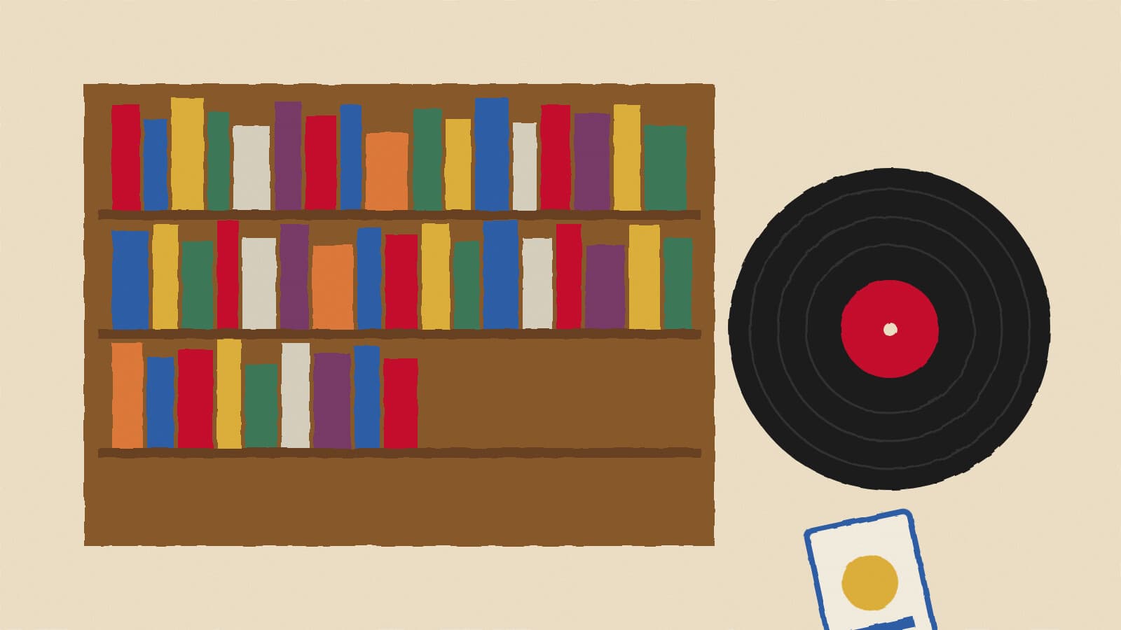 Bookstore shelves and records - illustration, Jake Team LLC