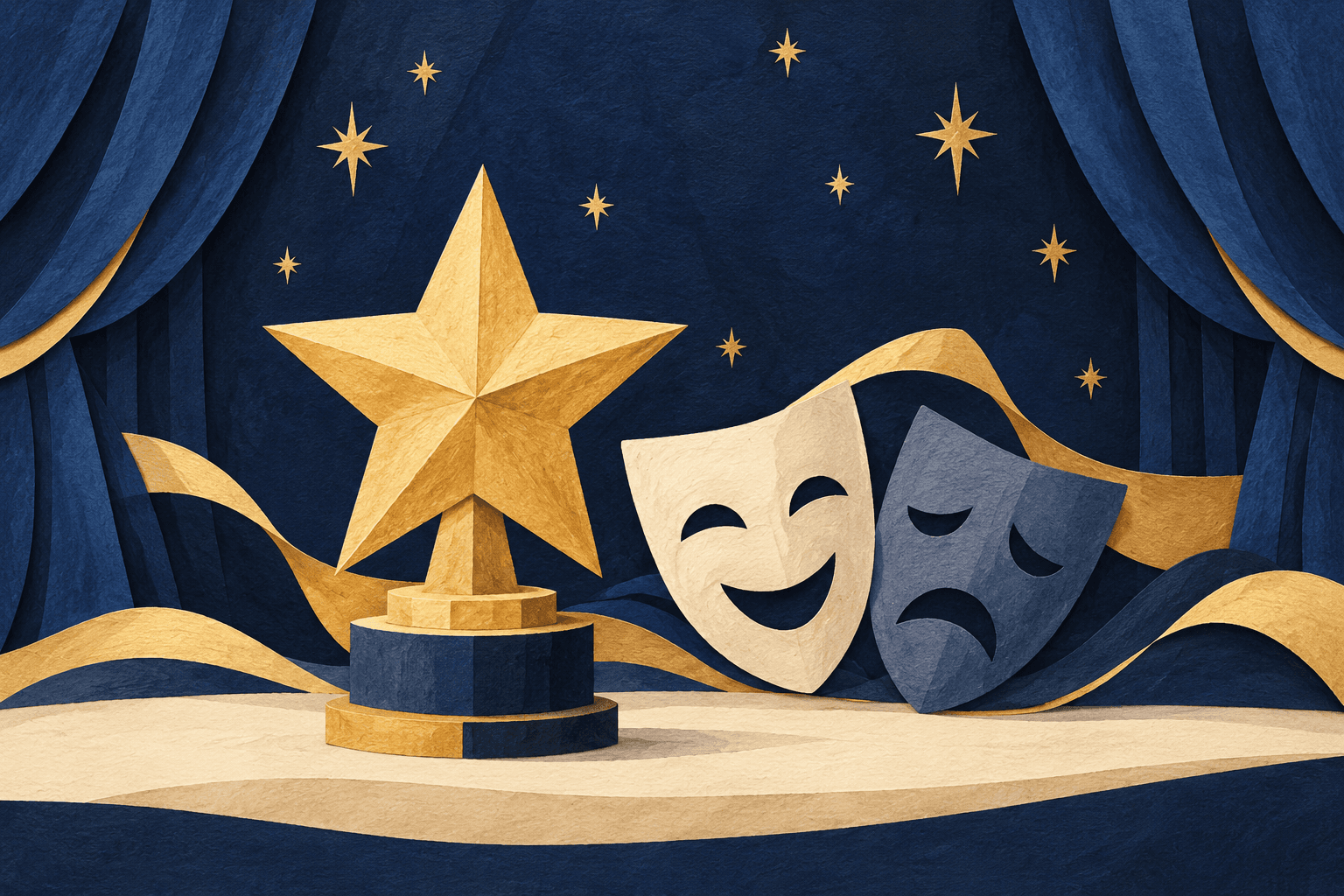 Illustration of a gold star award, theatre masks and blue curtains. Illustration: Jake Team Editorial.