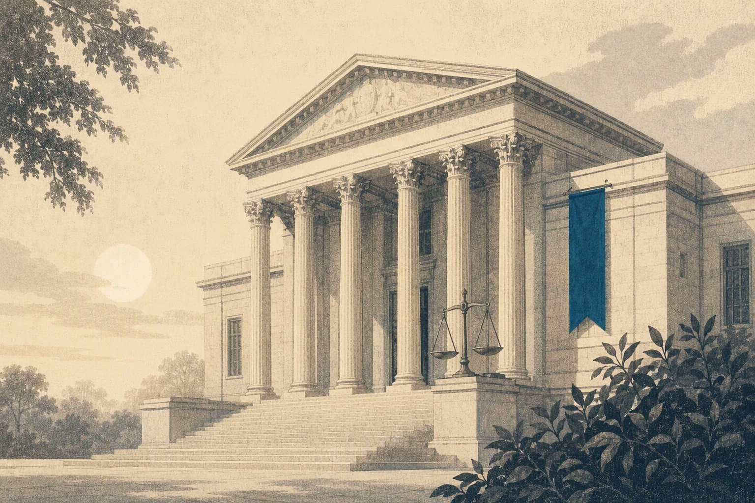 quiet courthouse dawn - illustration, Jake Team LLC
