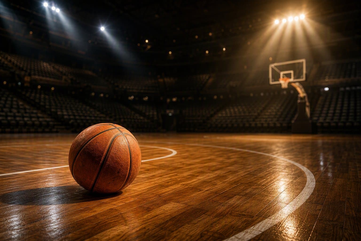 A worn basketball on the hardwood in golden light - AI-generated illustration, Jake Team LLC