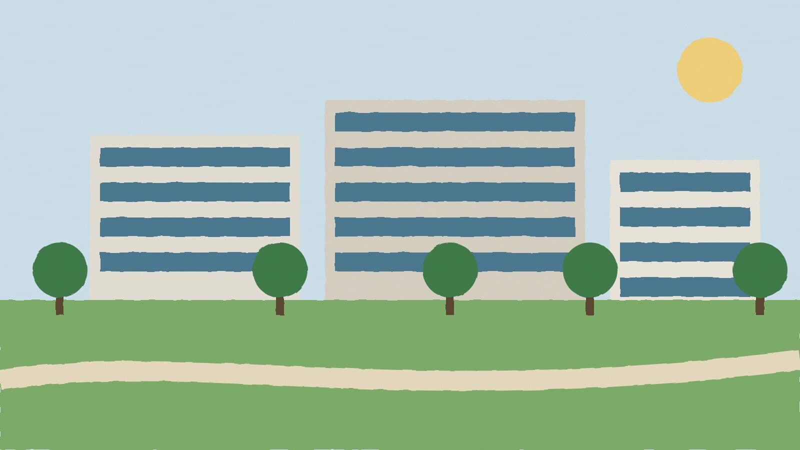 Office campus with green lawn - illustration, Jake Team LLC