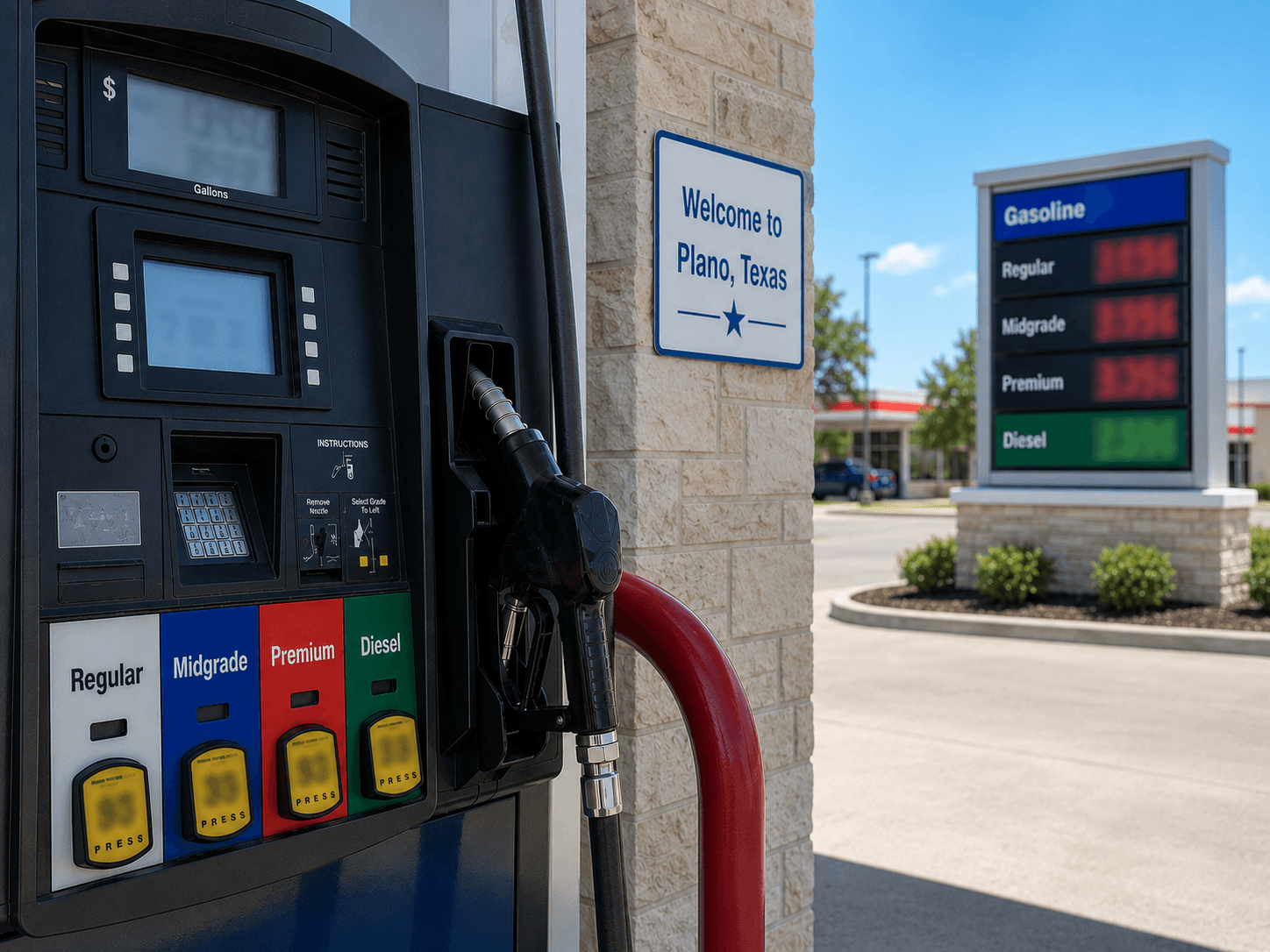 Gas prices at the pump in Plano Texas - Illustration by Jake Team LLC