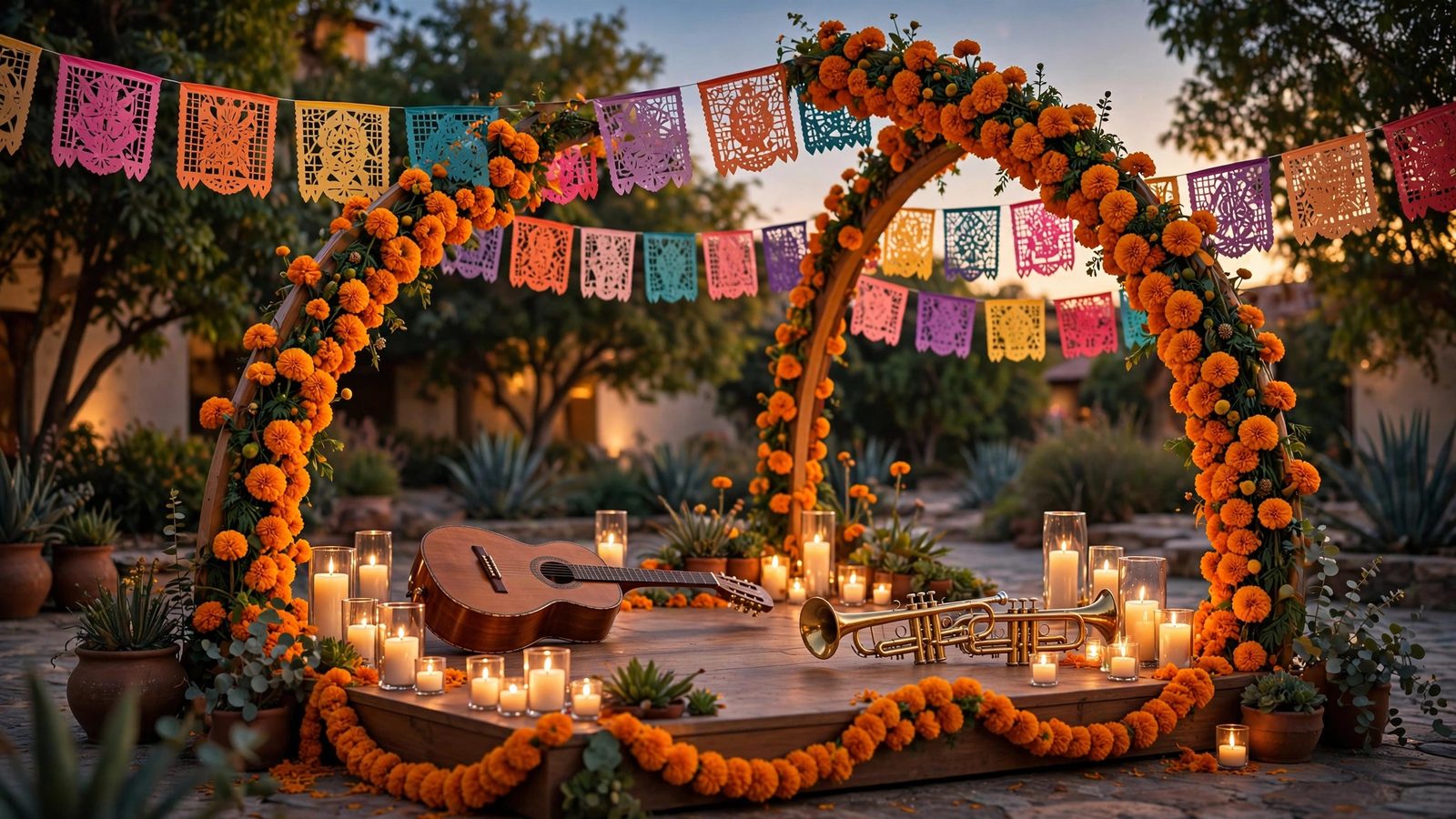 Outdoor stage with marigold arches, candles, papel picado and guitars for Dia de los Muertos - illustration