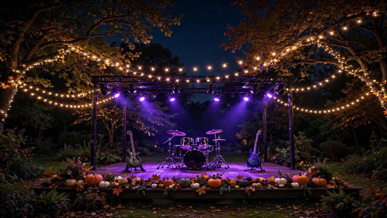 Outdoor concert stage with purple lights, guitars and drums surrounded by pumpkins at night - illustration