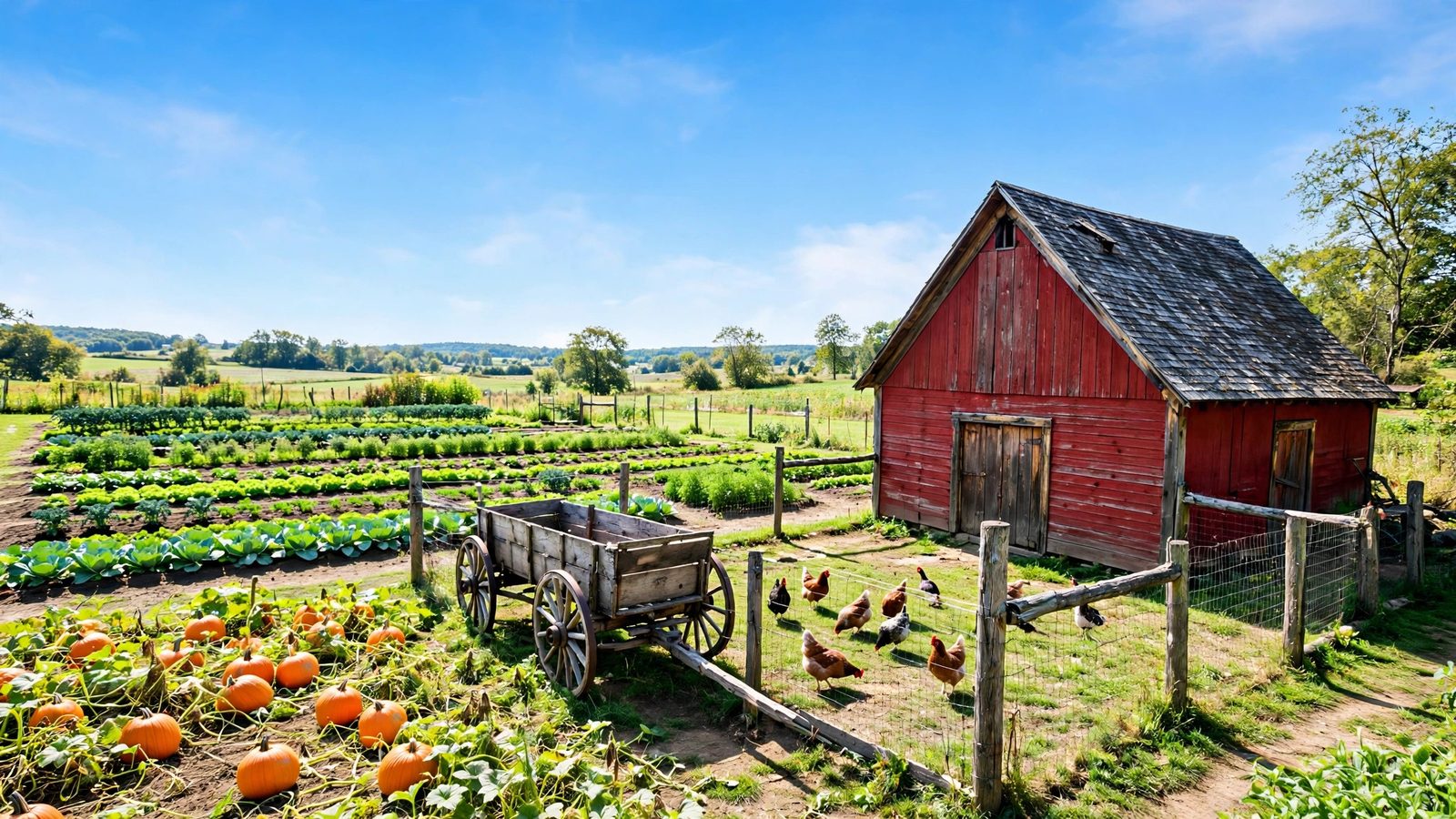 Historic farm with red barn, chickens, wagon, pumpkin patch and vegetable rows - illustration