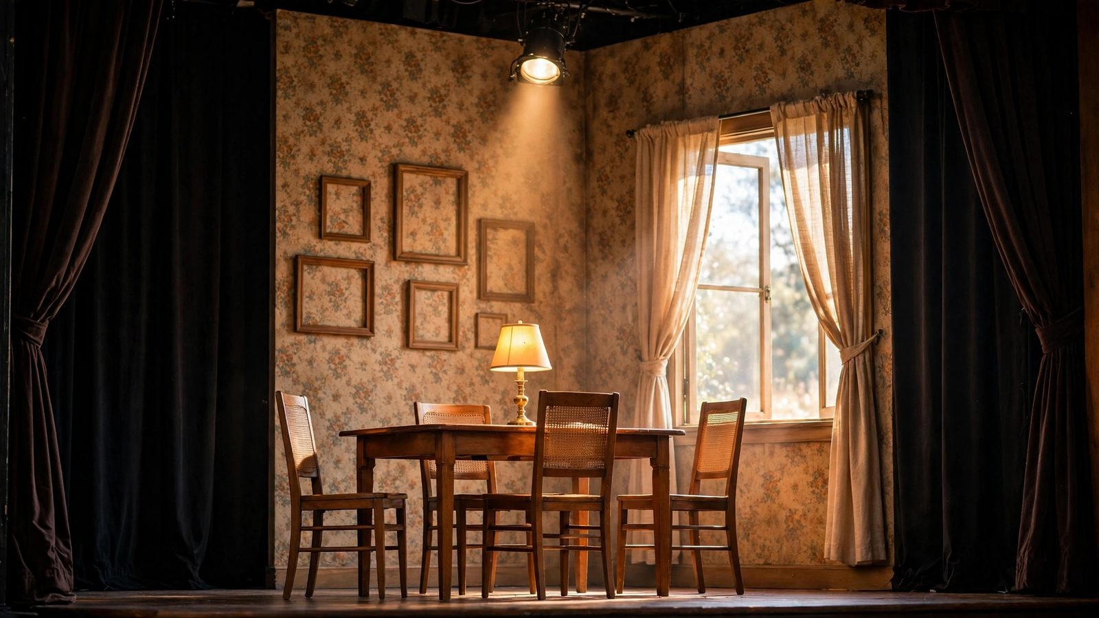 Theater stage set as a cozy 1980s dining room with table, chairs, lamp and spotlight - illustration